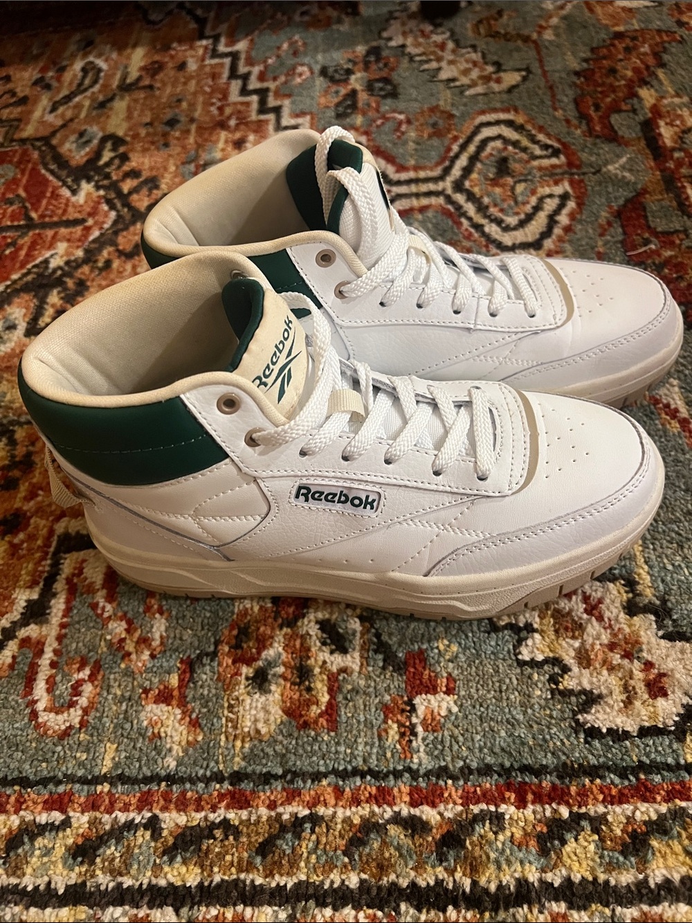 Reebok Women's White High-Top Sneakers with Green Collar